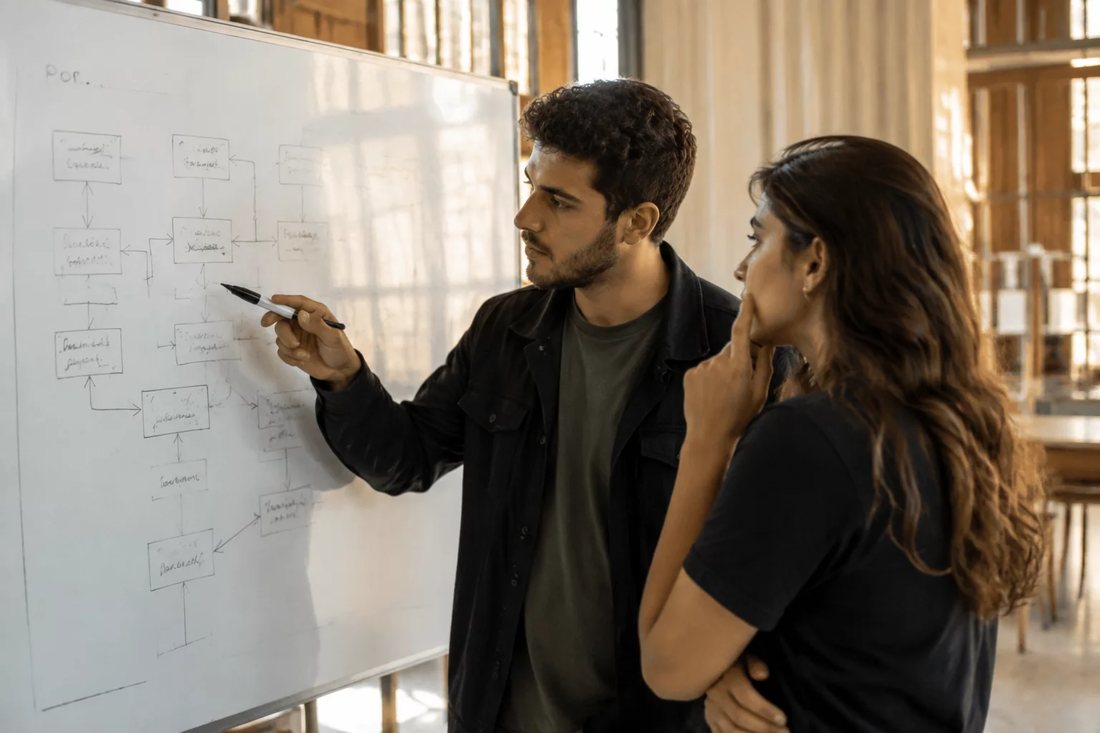 Duas pessoas diante de um quadro branco com a armação de um argumento rabiscada